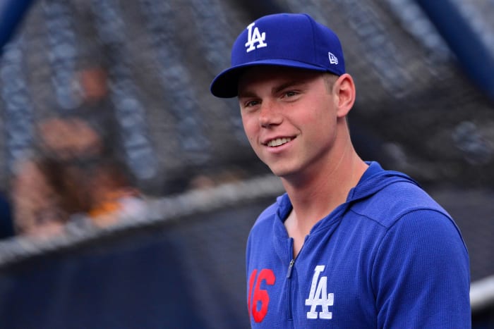 Aug 27, 2019; San Diego, CA, USA; Los Angeles Dodgers catcher Will Smith (16) looks on before the game against the San Diego Padres at Petco Park. Mandatory Credit: Jake Roth-USA TODAY Sports